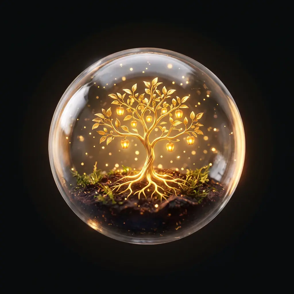 A glass globe holding a flourishing tree bearing bright fruit.