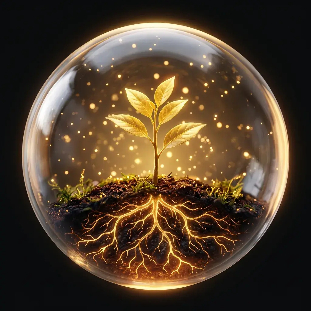 A glass globe holding a sapling with roots glowing deep in the soil.