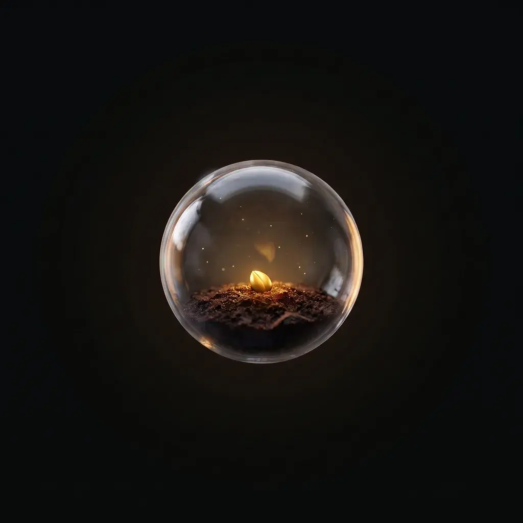 A glass globe holding a single seed in dark soil.