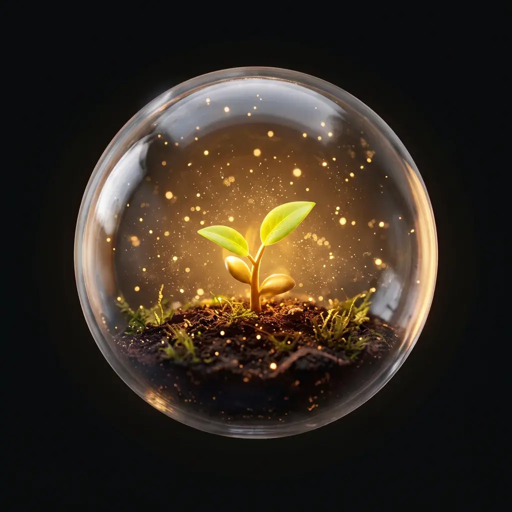 A glass globe holding a young sprout reaching up.